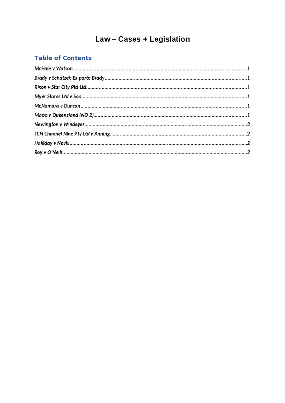 Law - Cases Sem 1: Key Legal Principles and Case Summaries - Studocu