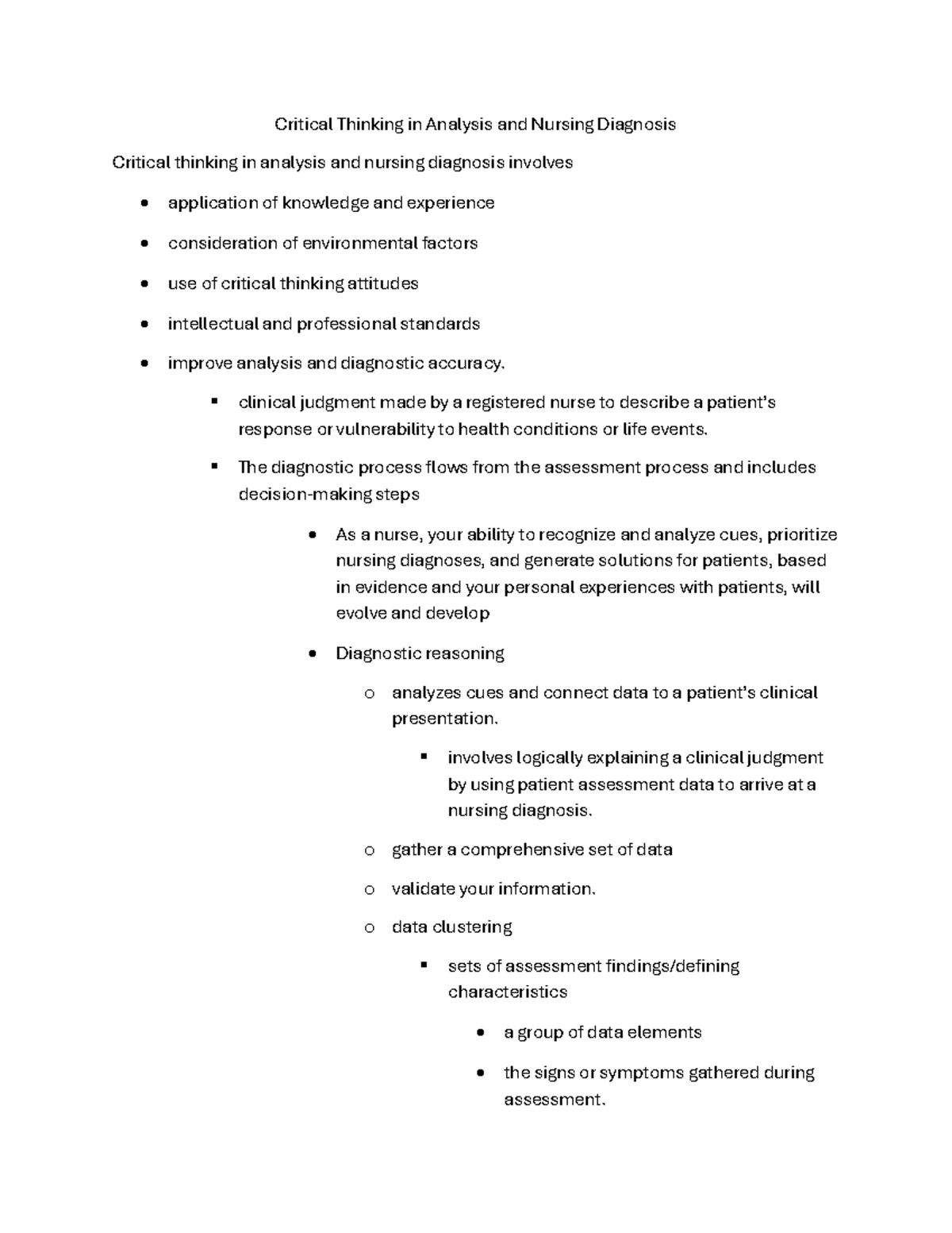 Critical Thinking in Nursing Diagnosis: An Analytical Approach - Studocu