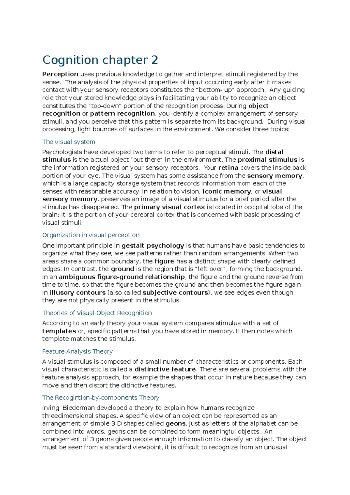 Cognition chapter 2 and 7 summary: Perception and mental imagery ...