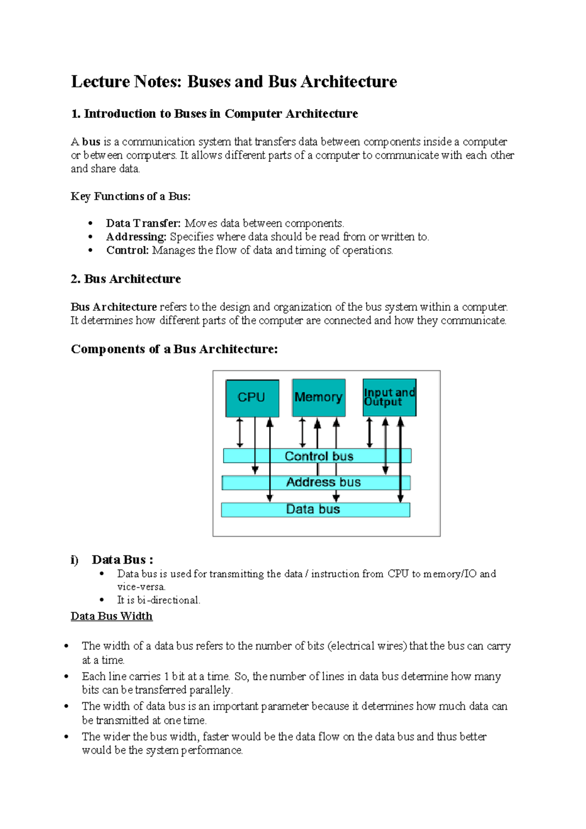 Lecture Notes: Bus Architecture and Types in Computer Systems - Studocu