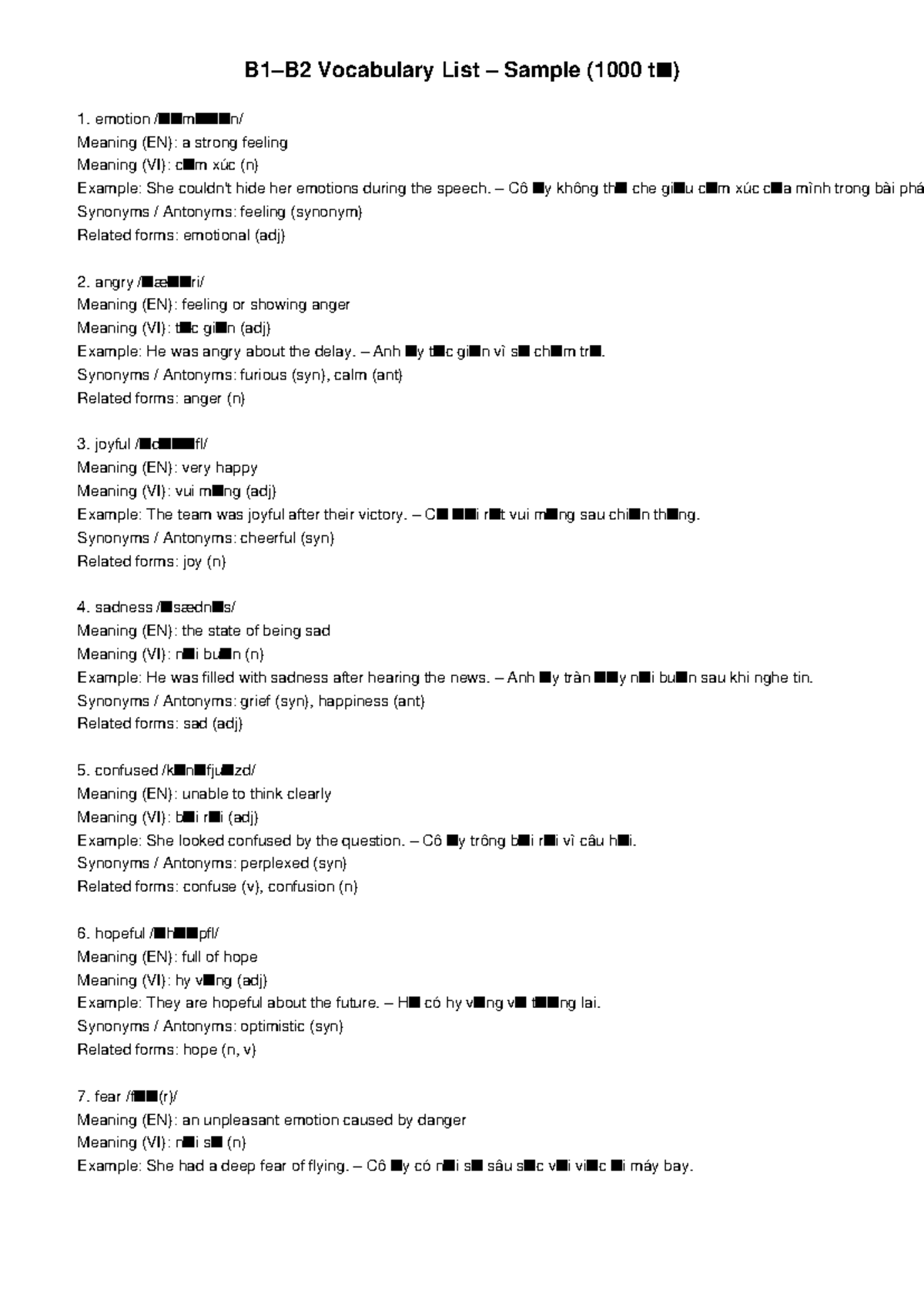 B1-B2 Vocabulary List: Emotions and Feelings Sample - Studocu - All For One