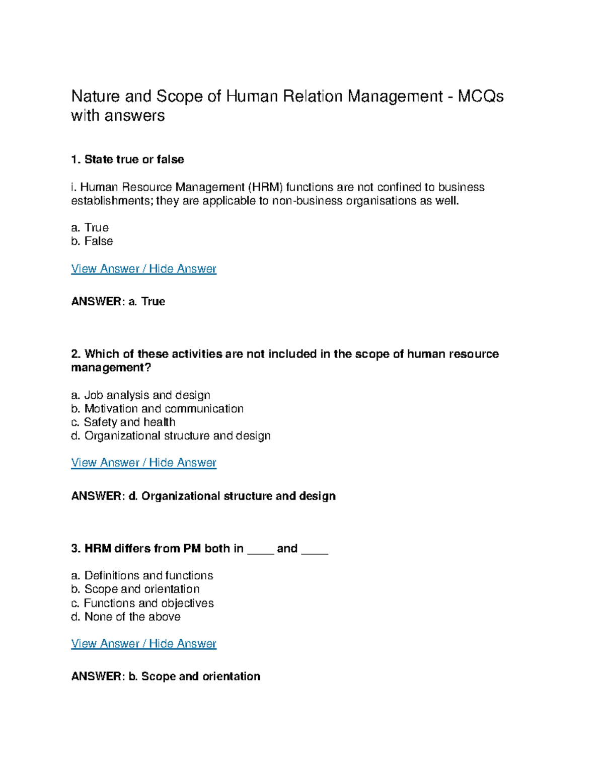 HRM MCQs: Nature, Scope & Recruitment Techniques with Answers - Studocu