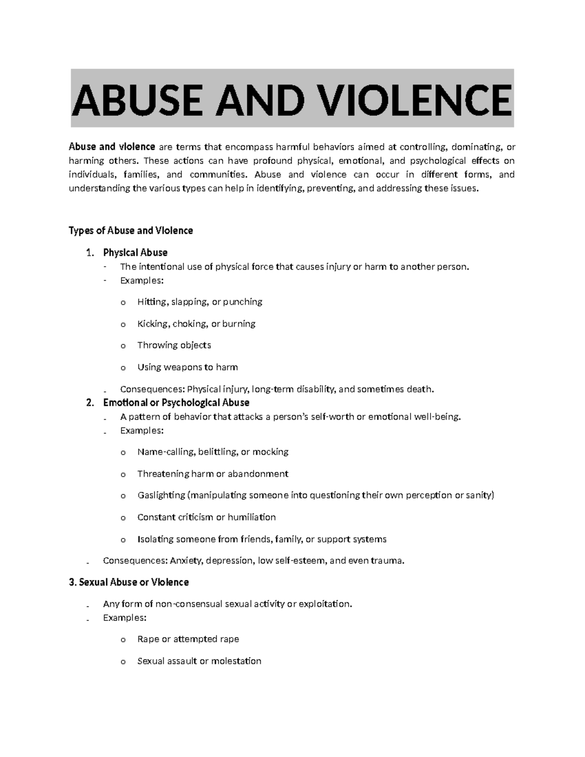 Nursing Care for Victims of Abuse and Violence (NUR 101) - Studocu
