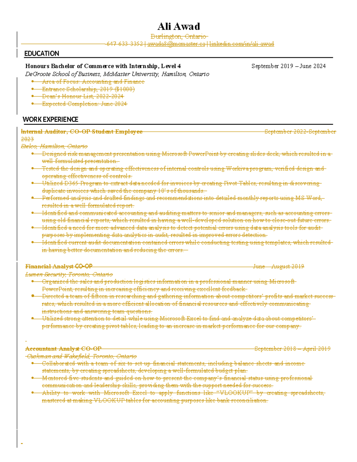 Ali Awad's Resume - B.Comm & CO-OP Experience Overview - Studocu