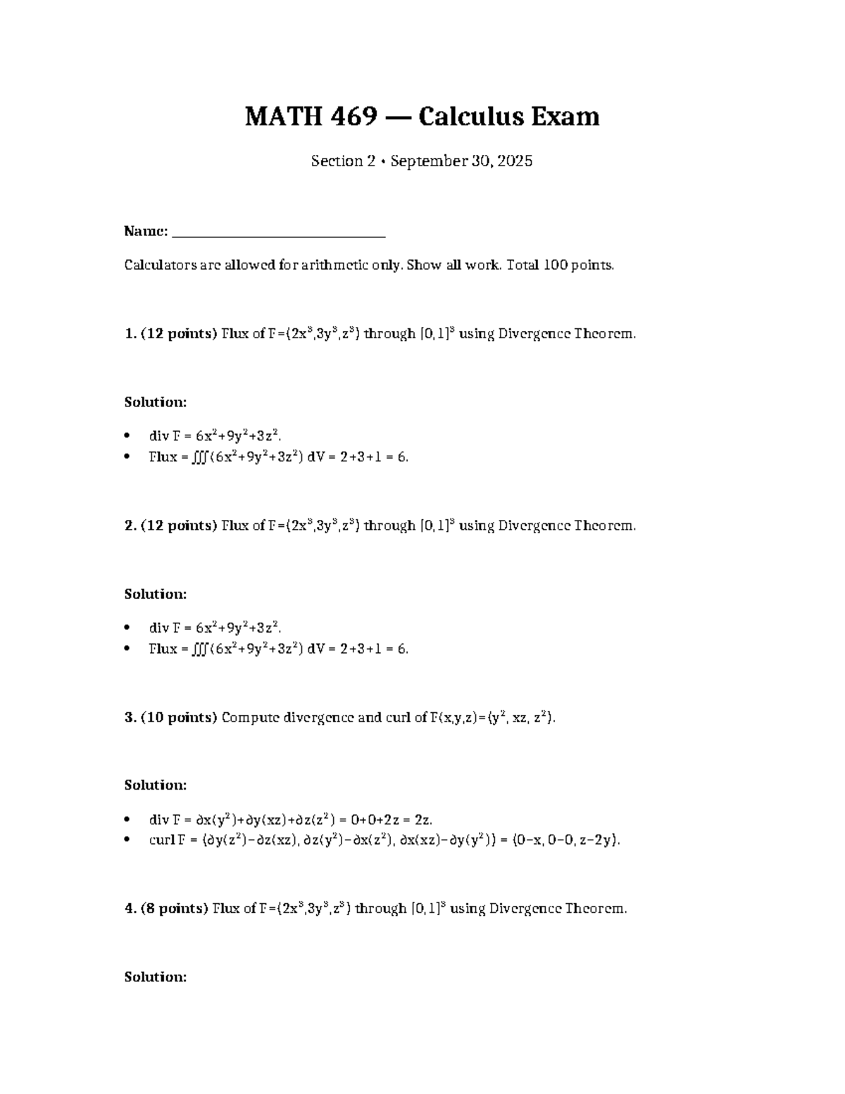 MATH 469 Calculus Exam Solutions - Section 2, Sept 30, 2025 - Studocu