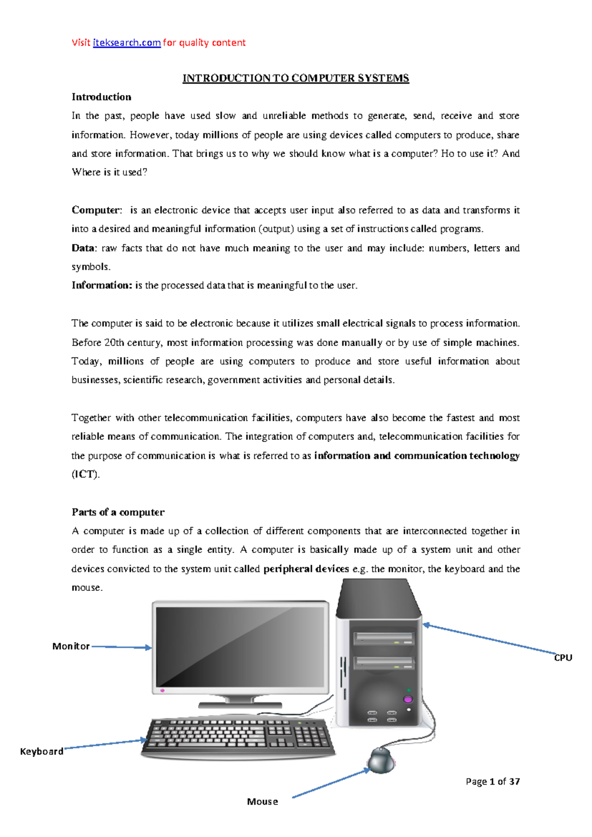 Introduction to Computer Course Notes - Page 1 of 37 INTRODUCTION TO ...