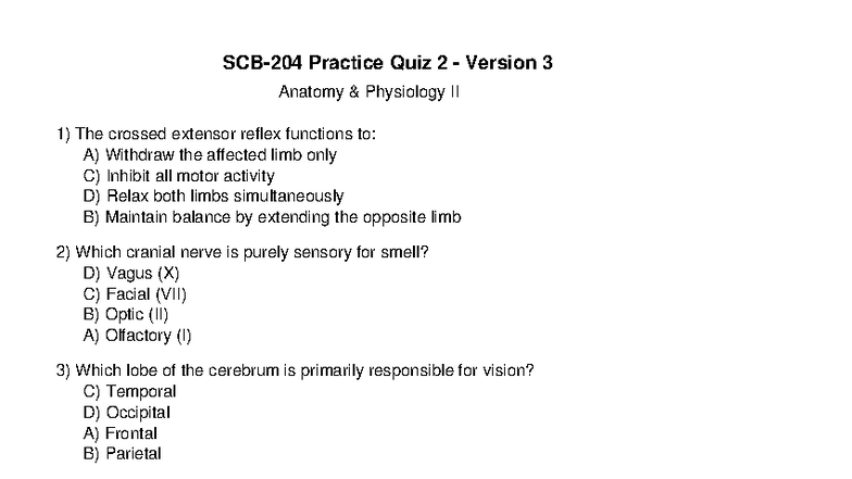 SCB-204 Practice Quiz 2 Version 3: Anatomy & Physiology Insights - Studocu