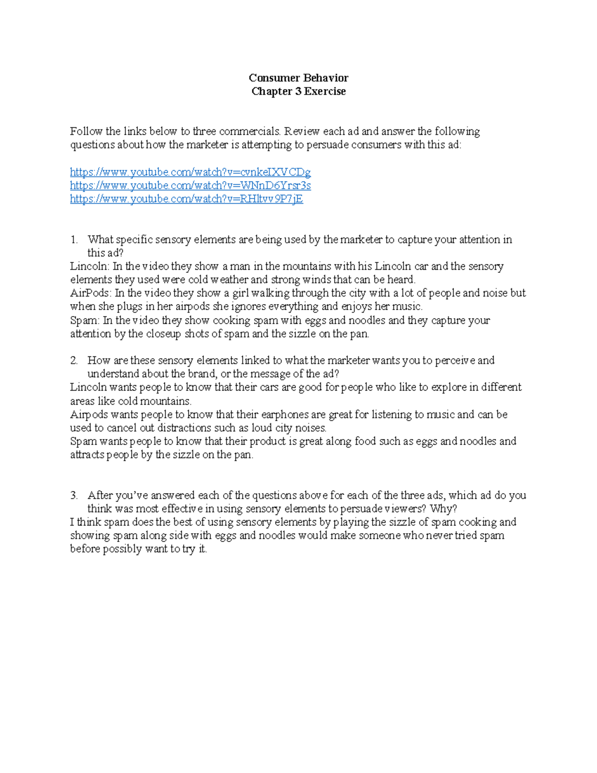Chapter 3 Exercise - Homework - Consumer Behavior Chapter 3 Exercise ...