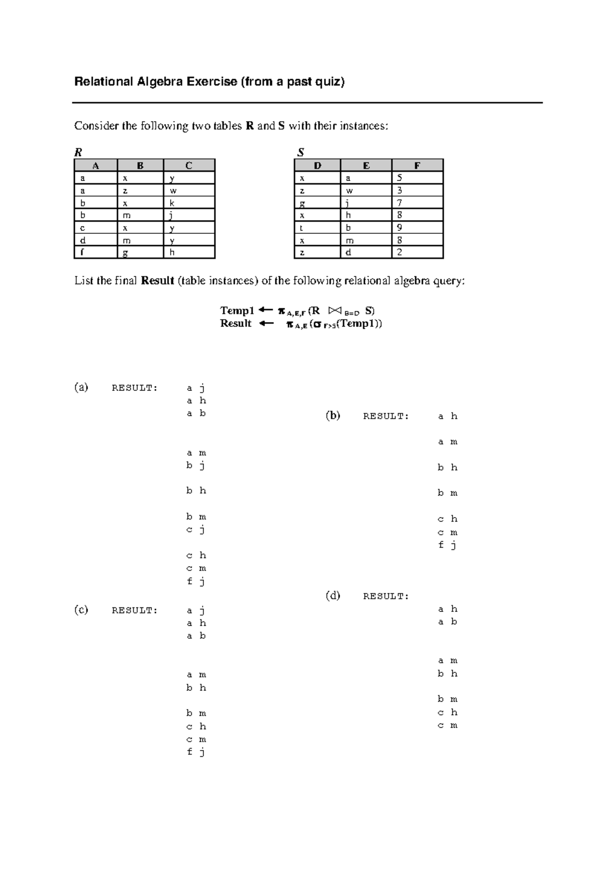 Rel Algebra Exercise solution 2021 - Relational Algebra Exercise (from ...