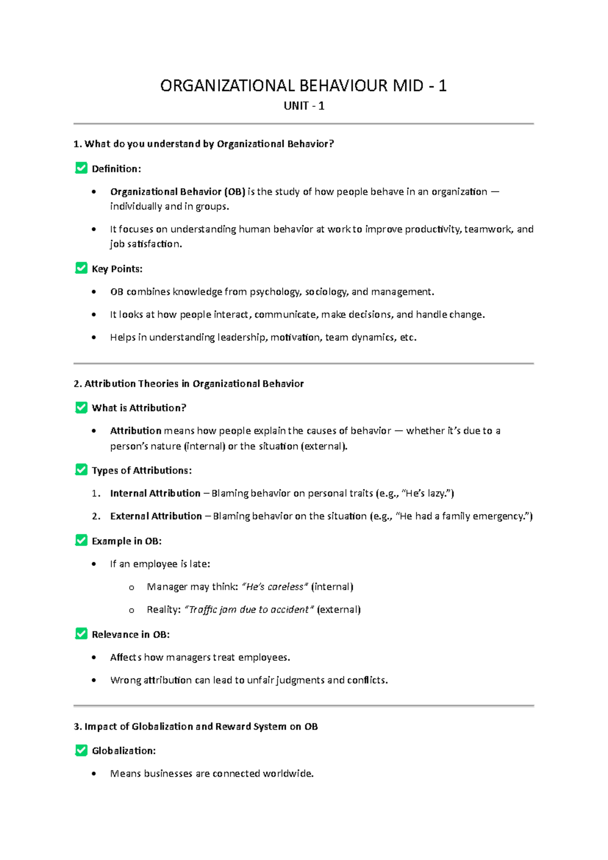 Organizational Behaviour MIDTERM - 1 Study Notes - Studocu