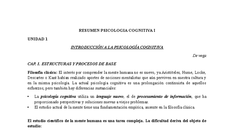 Resumen de Psicología Cognitiva I - Unidad 1: Introducción y Procesos ...