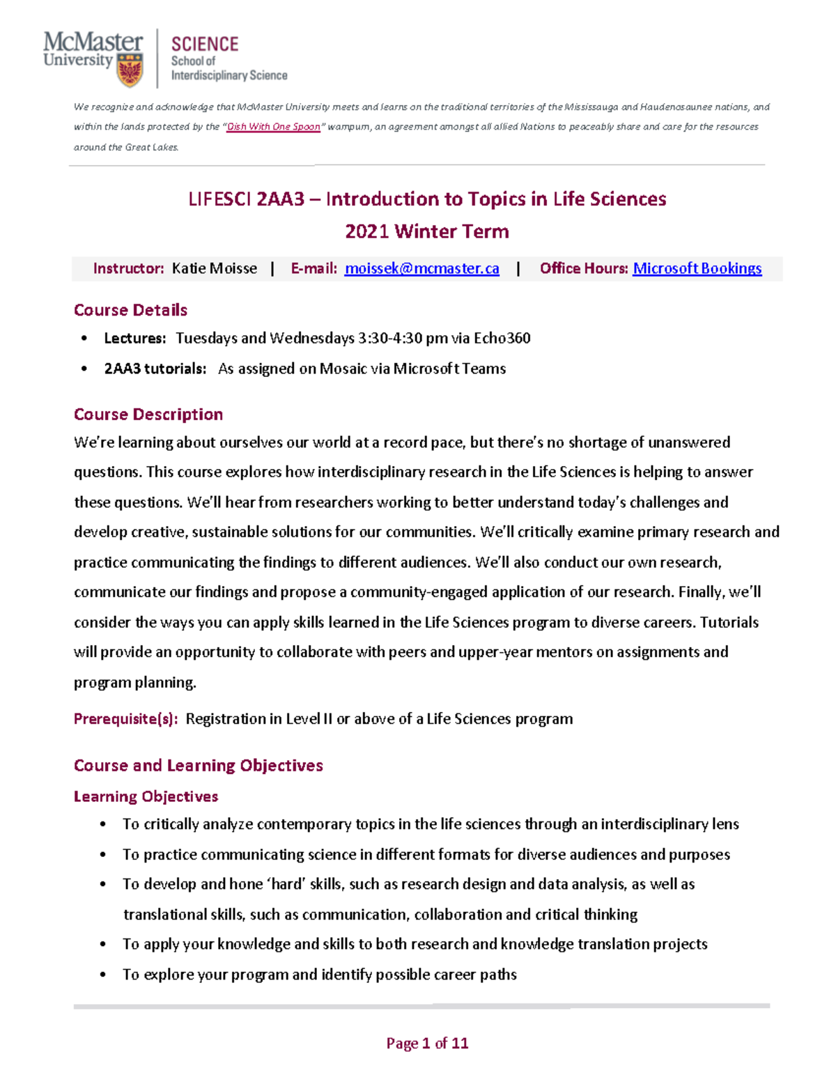 LIFESCI 2AA3 Winter 2021 Course Overview and Learning Objectives - Studocu
