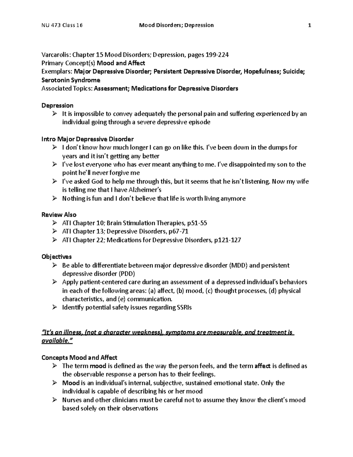 Psych Class 16 Final Exam Notes on Mood Disorders & Depression - Studocu