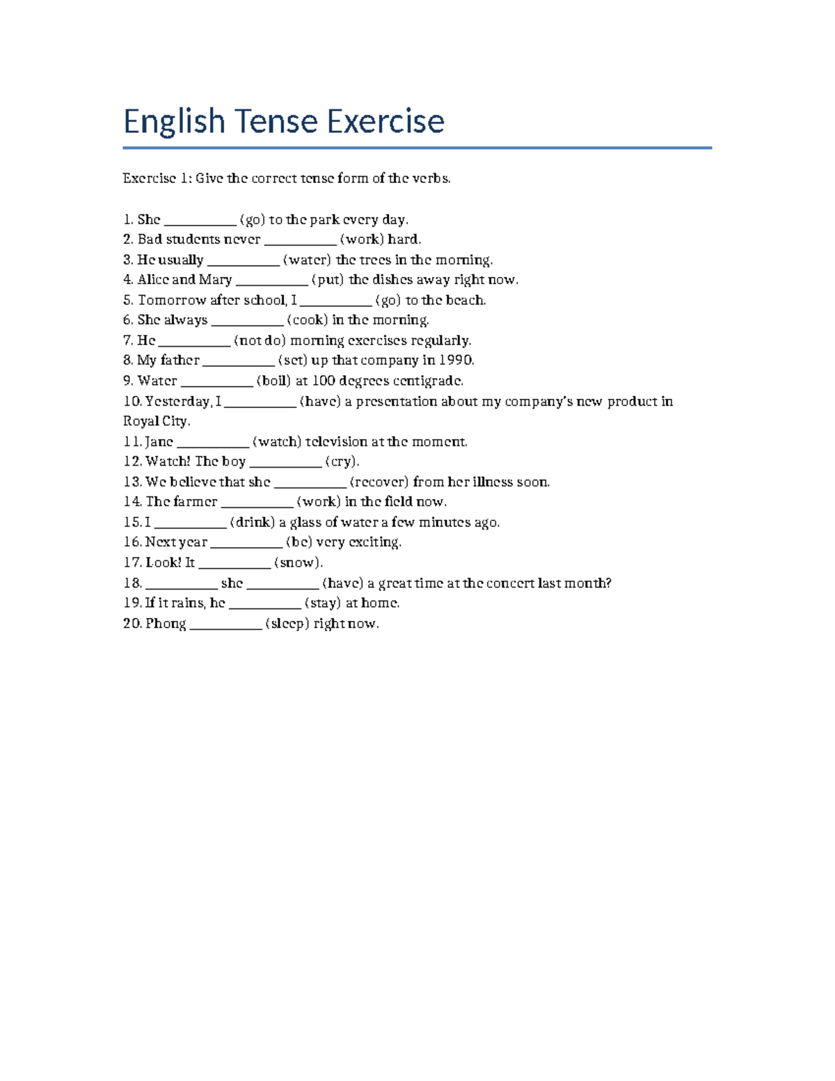 English Tense Exercise 1: Verb Forms Practice - Studocu