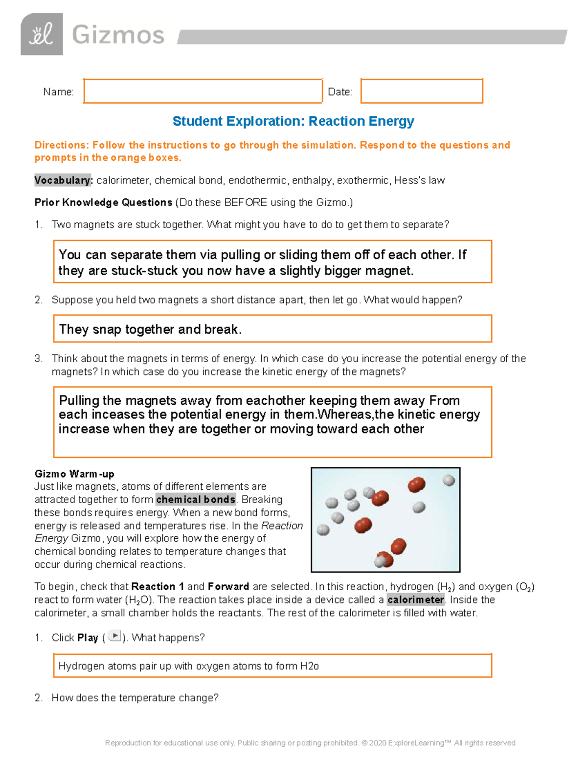 Copy of Reaction Energy SE: Exploring Chemical Bonds and Enthalpy - Studocu
