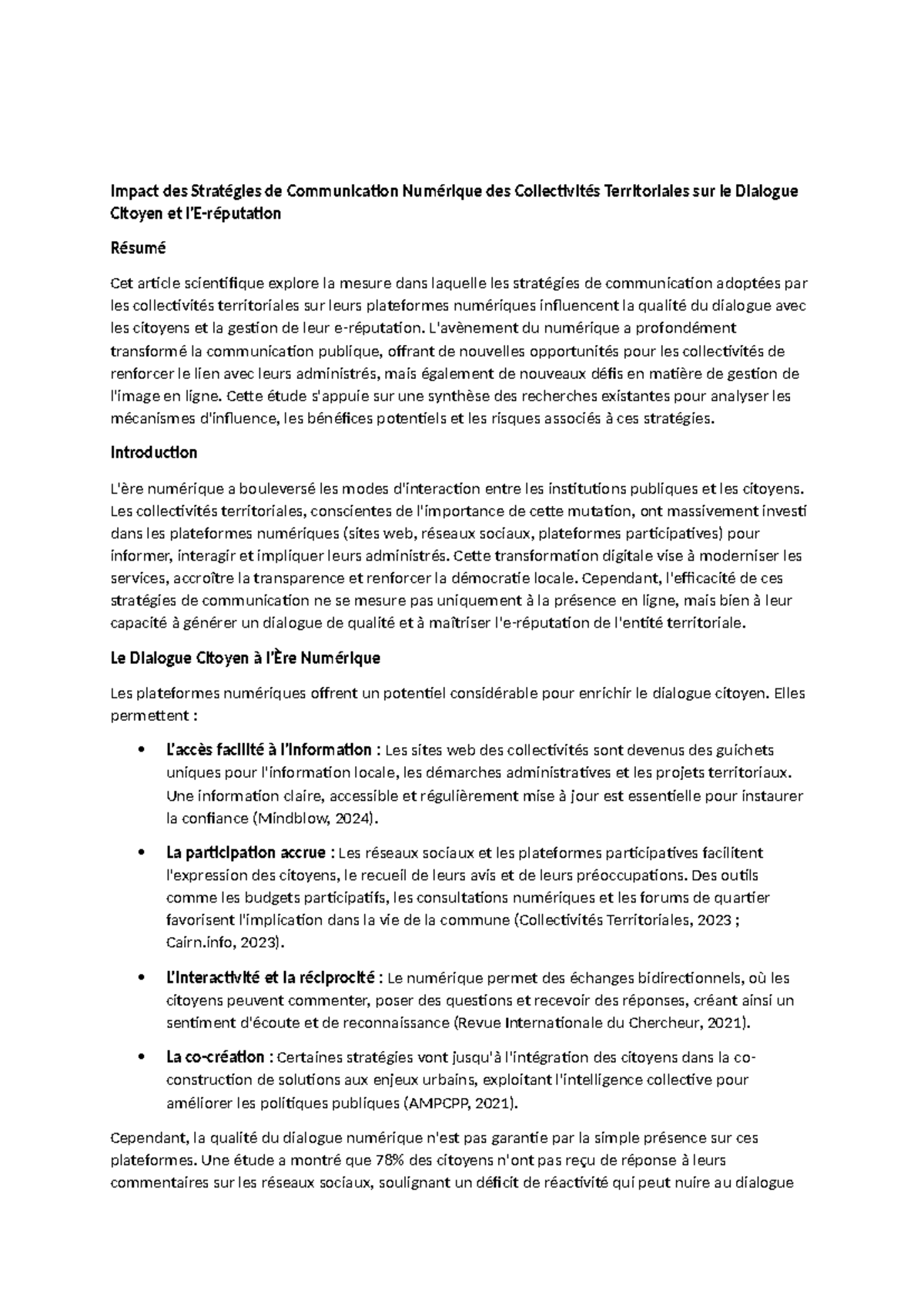 Impact des Stratégies de Comm. Numérique sur le Dialogue Citoyen - Studocu