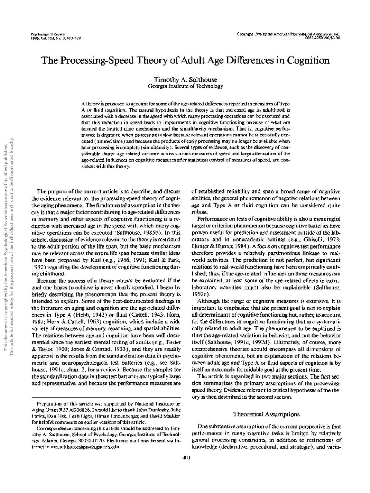 The Processing-Speed Theory of Aging and Cognition: A Review (Psych 103 ...