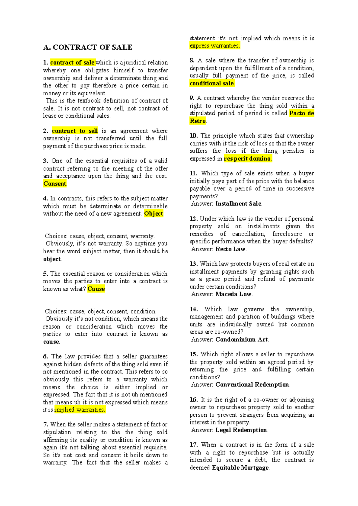 AE 3 Reviewer: Contract of Sale, Pledge, and Mortgage Concepts - Studocu