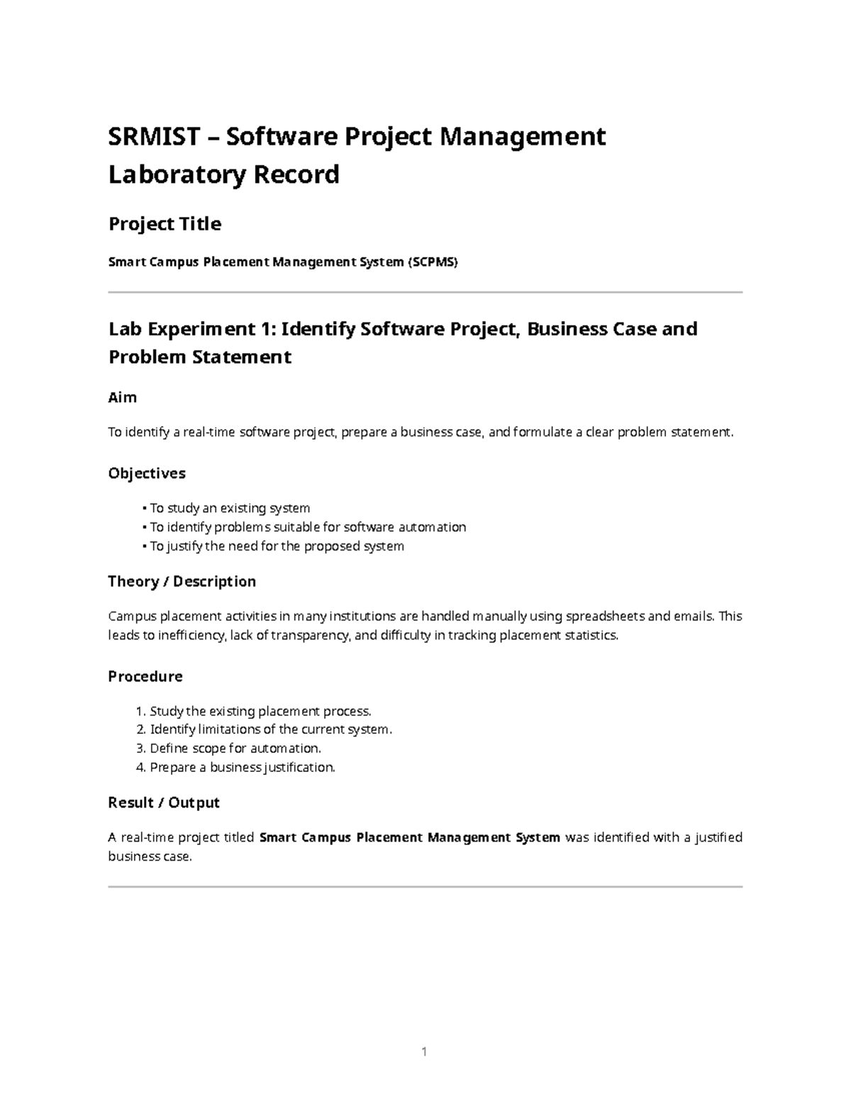 SRMIST Software Project Management Lab Record: SCPMS Experiments ...