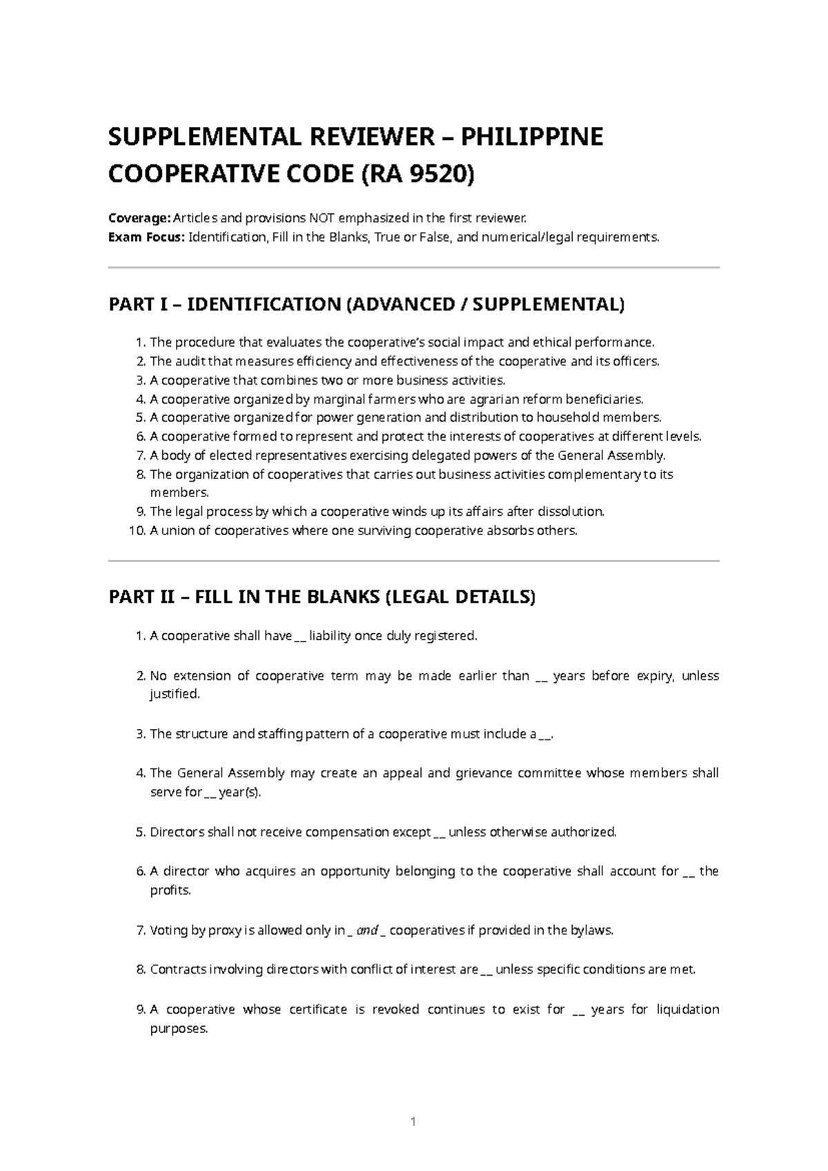 RA 9520 - Supplemental Reviewer on Philippine Cooperative Code - Studocu