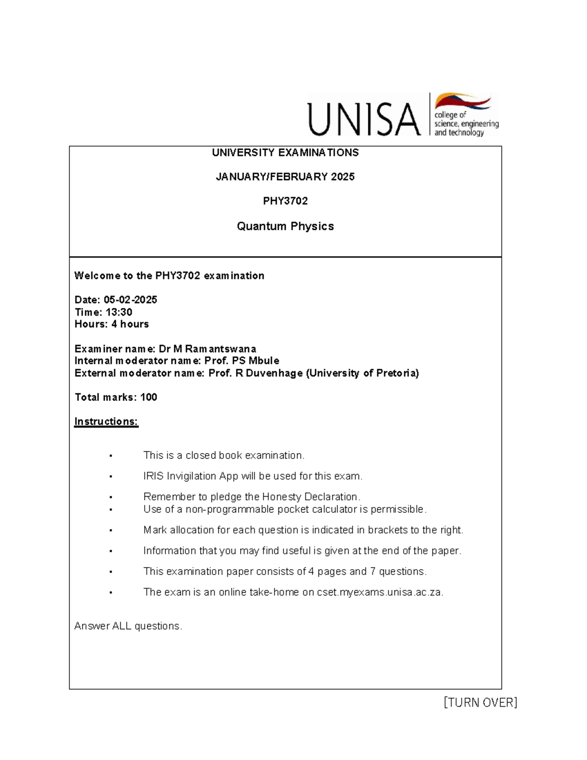 PHY3702 Final Exam 2025: Quantum Physics Examination Paper - Studocu