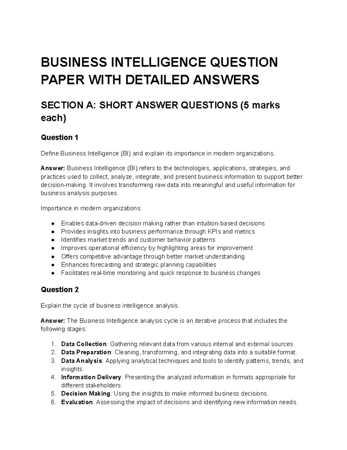 Business Intelligence Exam Paper (BI 101) with Comprehensive Answers ...