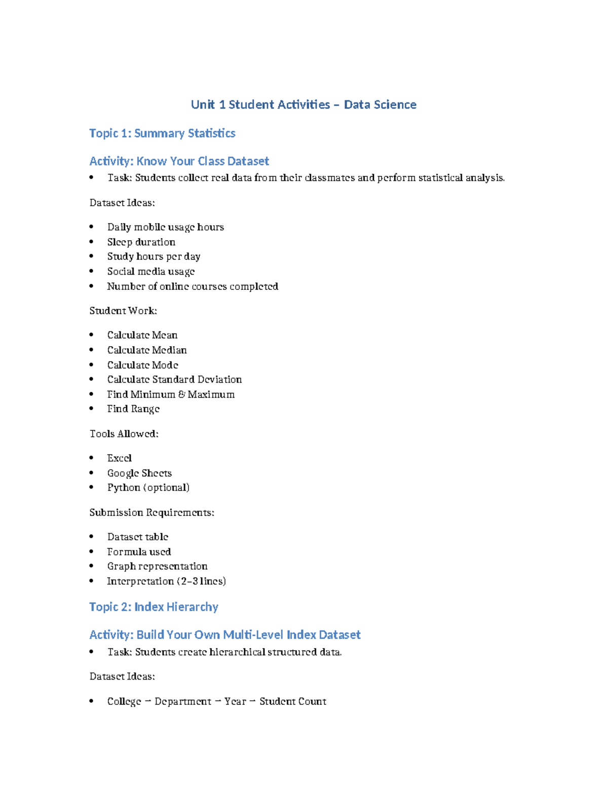 Unit 1 DS Activities: Summary Stats, Indexing & Data Acquisition - Studocu
