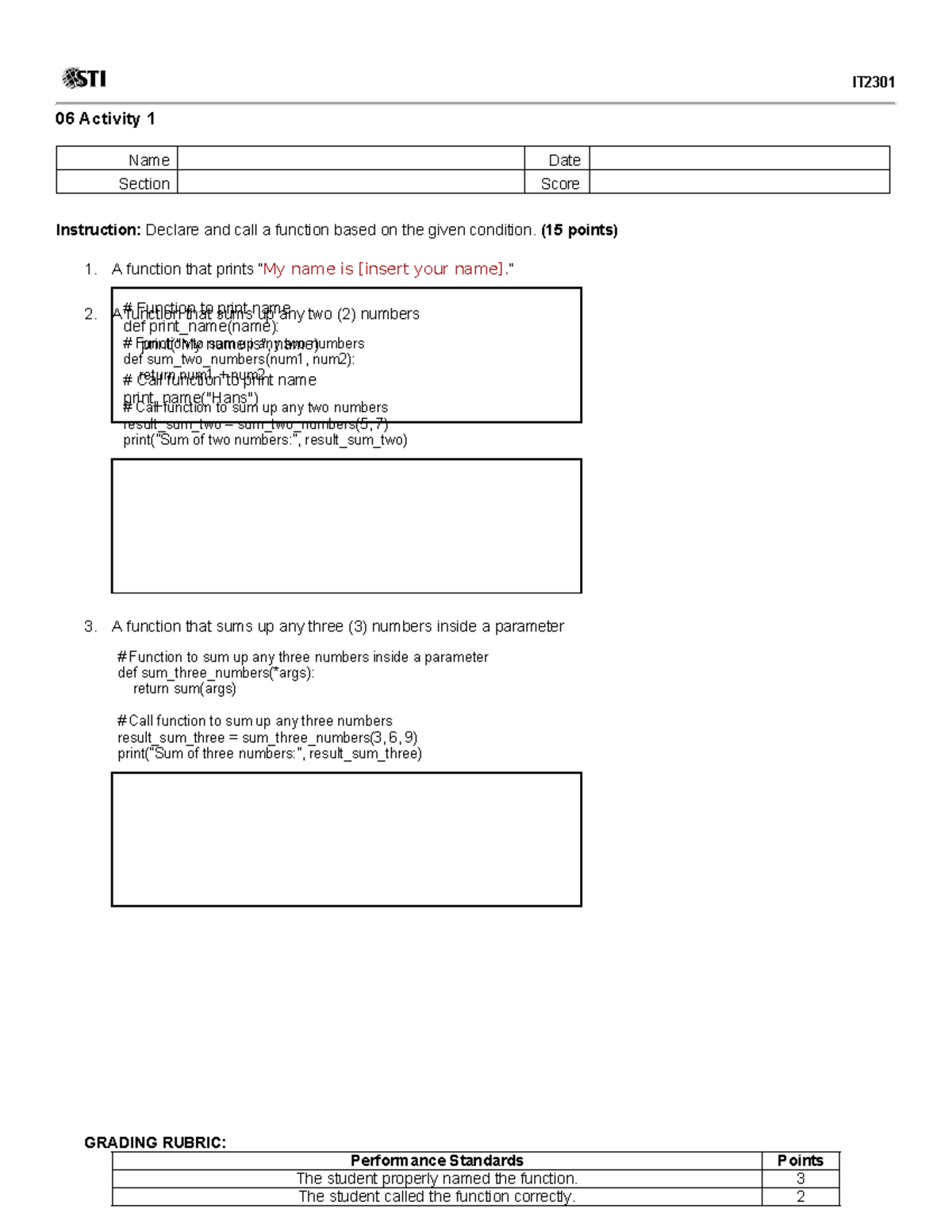 06 Activity 1: Function Declaration and Calling Guide (Web Sys) - Studocu