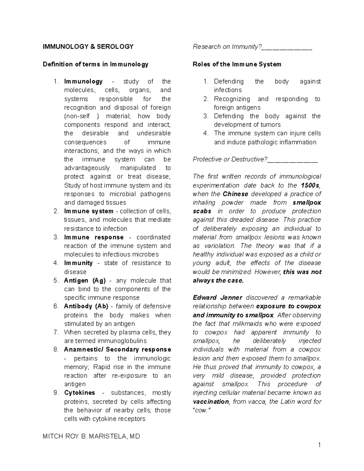 IMMUNOLOGY SEROLOGY Review of Key Concepts and Immune System Functions ...