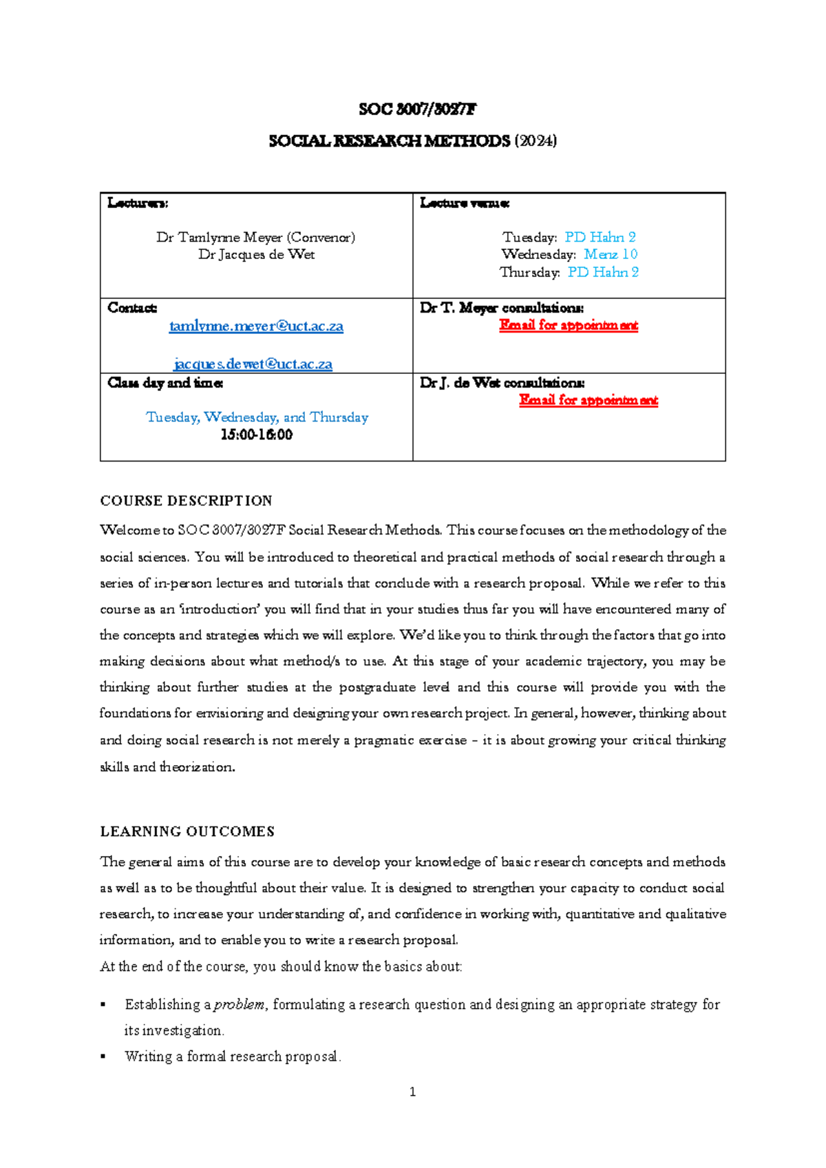 SOC3007/3027F Social Research Methods Course Outline (2024) - Studocu