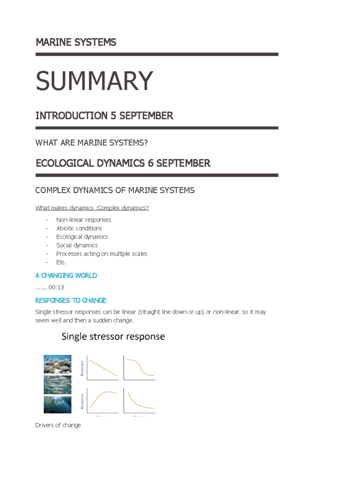 Marine Systems Overview & Dynamics Summary for Course MS101 - Studeersnel