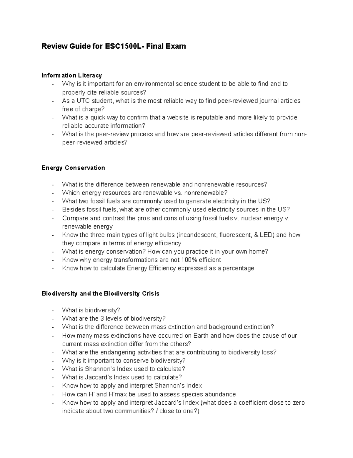 Review Guide for ESC1500L - Final Exam Preparation and Key Concepts ...