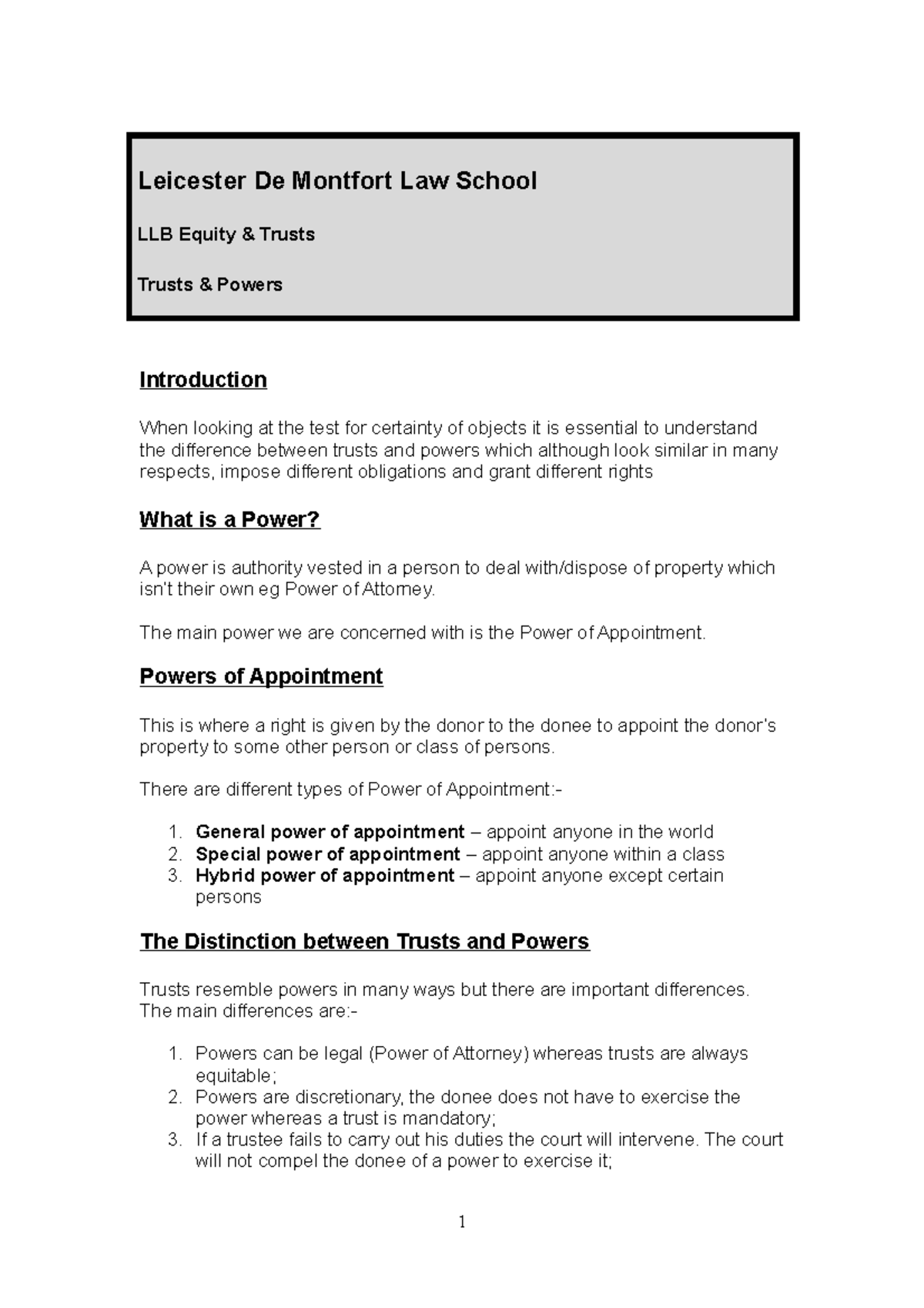 Trusts vs Powers in Equity - LLB Equity & Trusts Notes - Studocu
