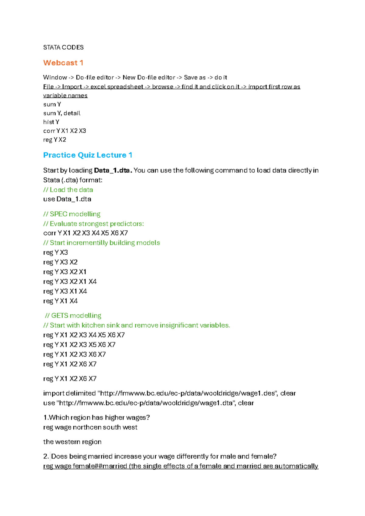 STATA Codes and Commands for Webcasts and Quizzes (Week 1-7) - Studeersnel