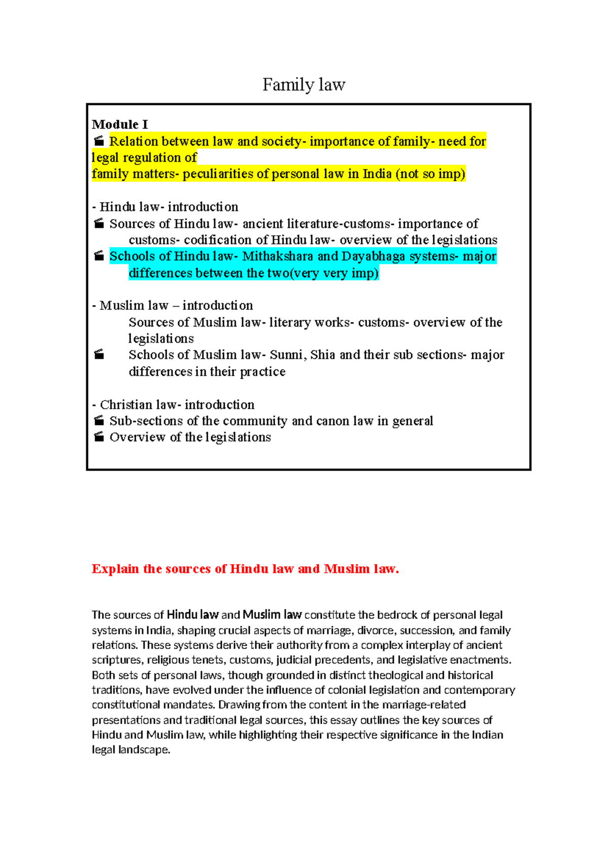 Family Law Notes: Module I - Hindu and Muslim Personal Law in India ...