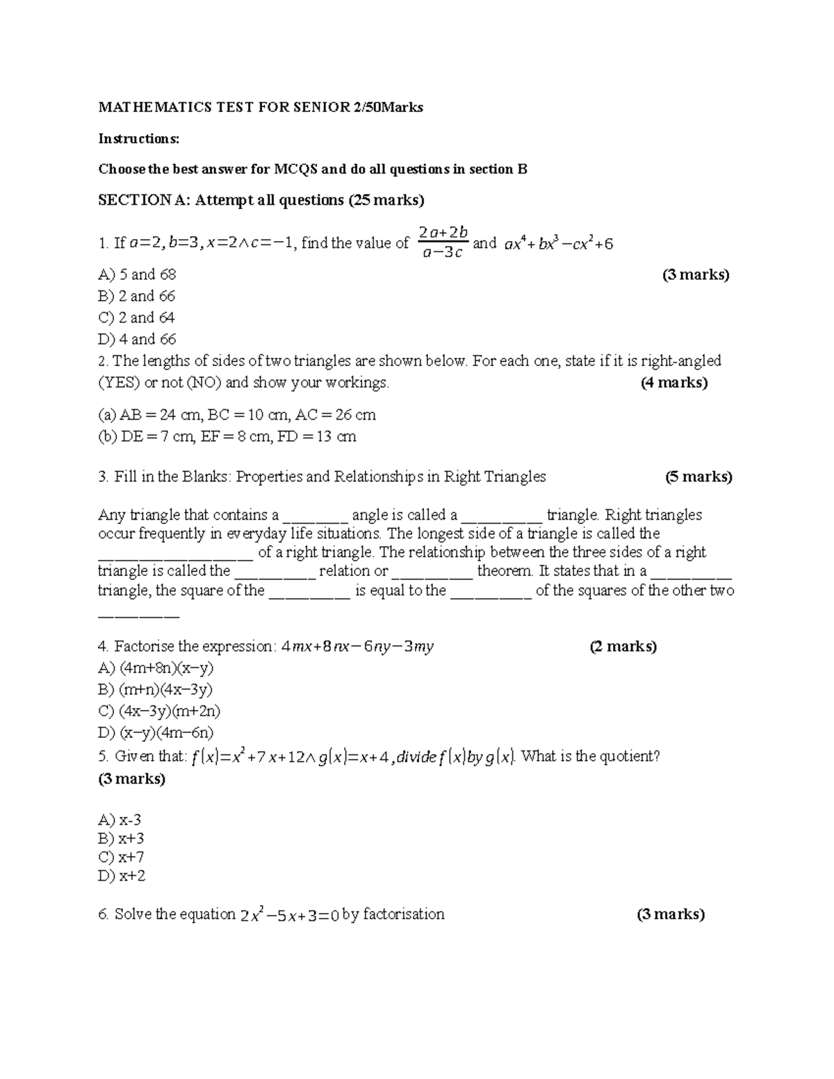 MATHEMATICS TEST S2: Senior Assessment Questions and Solutions - Studocu