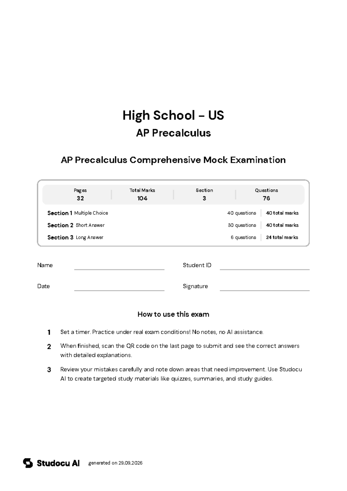 AP Precalculus Comprehensive Mock Exam - Studocu