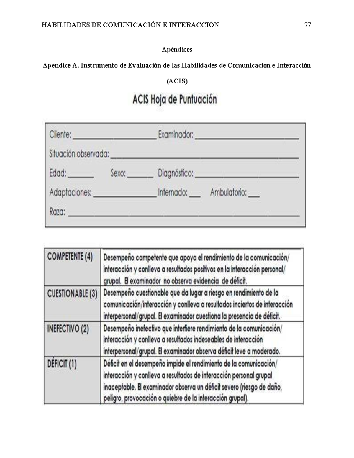 Acis - Informe de evaluación acis - Fundamentos Terapia Ocupacional ...