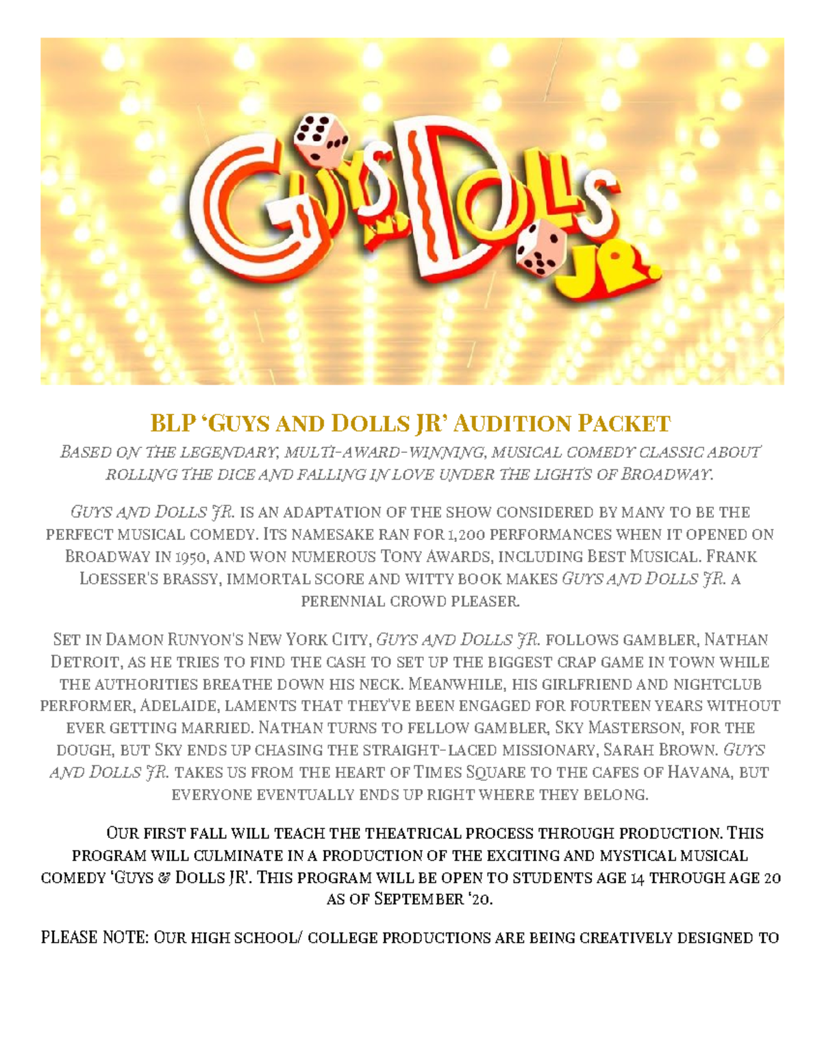 Gd-Audition Packet: Guys and Dolls Musical Auditions - Studeersnel