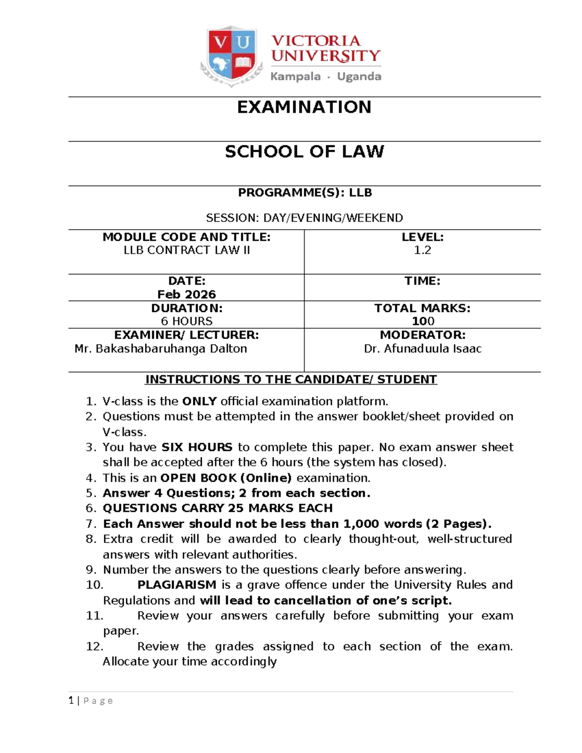 LLB Contract Law II Final Exam - February 2026 - Studocu