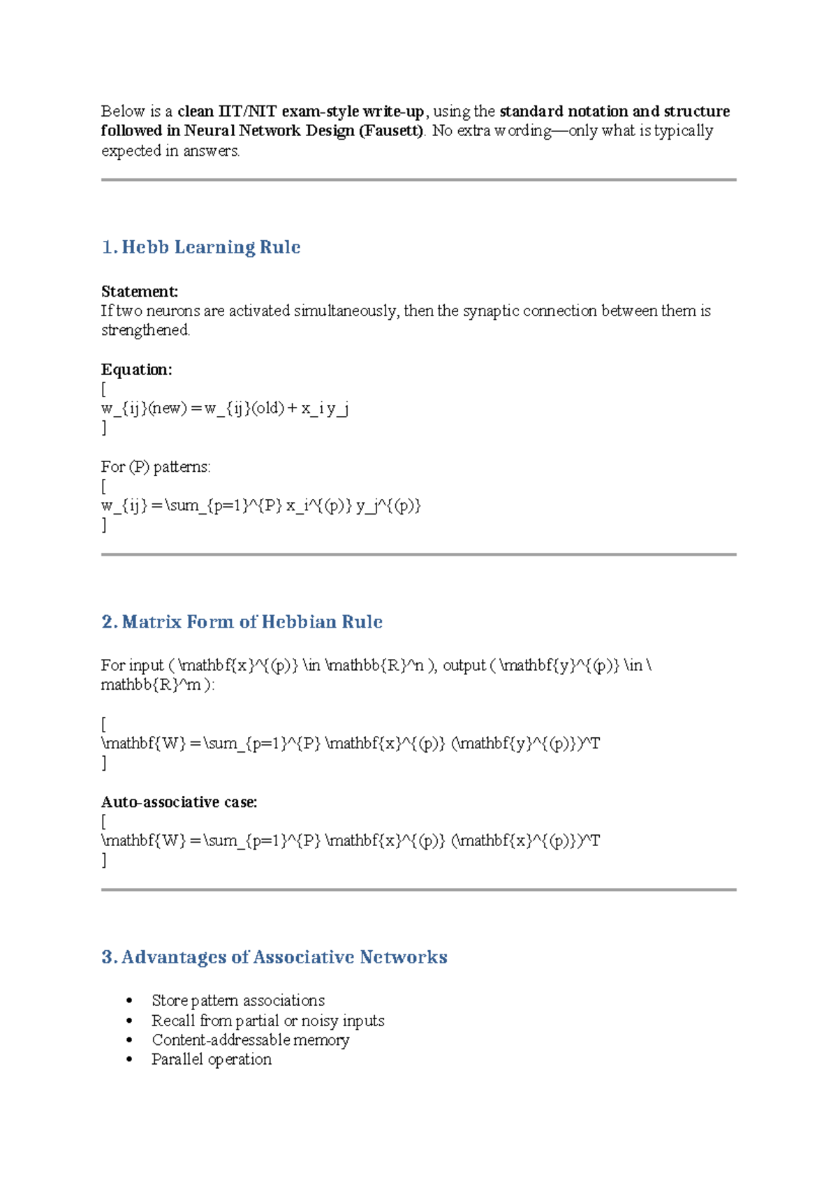 Neural Network Design Notes (CT2): Hebbian Learning & Memory Types ...