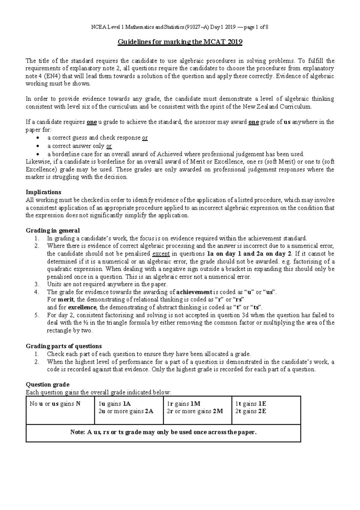 NCEA Level 1 Mathematics and Statistics MCAT Day 1 & 2 Guidelines 2019 ...