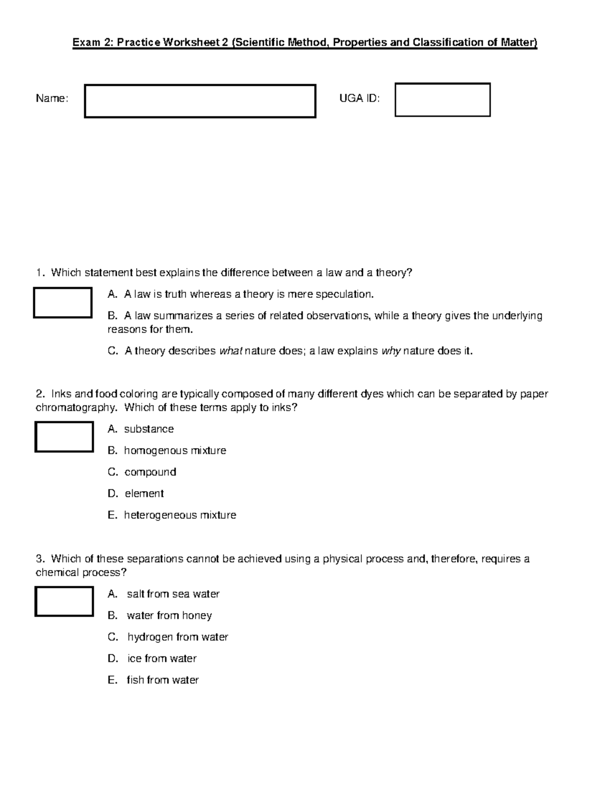 Exam 2: Practice Worksheet 2 (Scientific Method & Matter Classification ...