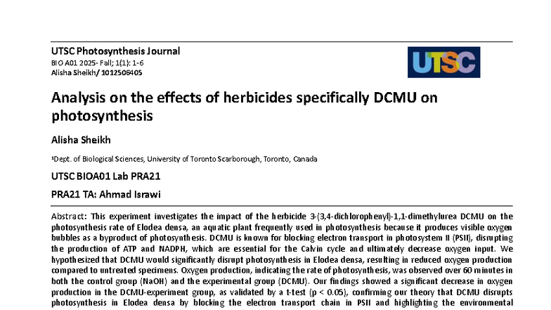 UTSC BIO A01 Lab Report: Effects of DCMU on Elodea densa Photosynthesis ...