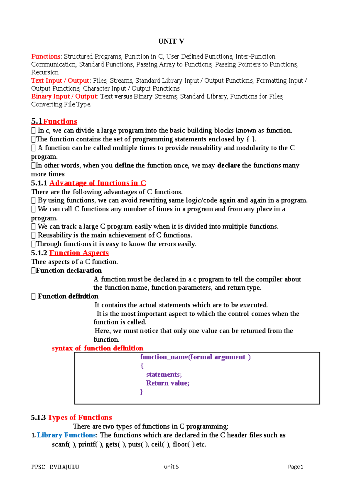 R20 PPSC UNIT 5 - Functions and File Handling in C Programming - Studocu