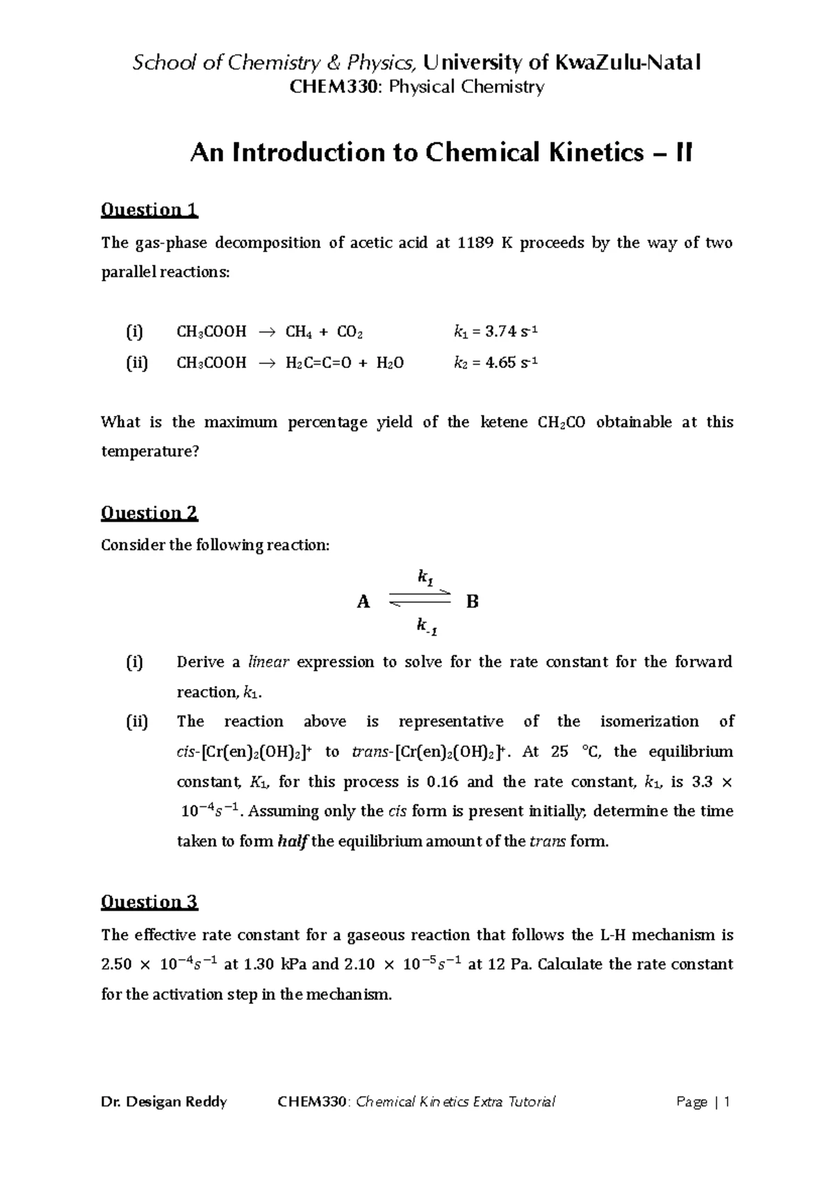 CHEM330 Test 1 2012 Kinetics Solutions and Analysis - Studocu