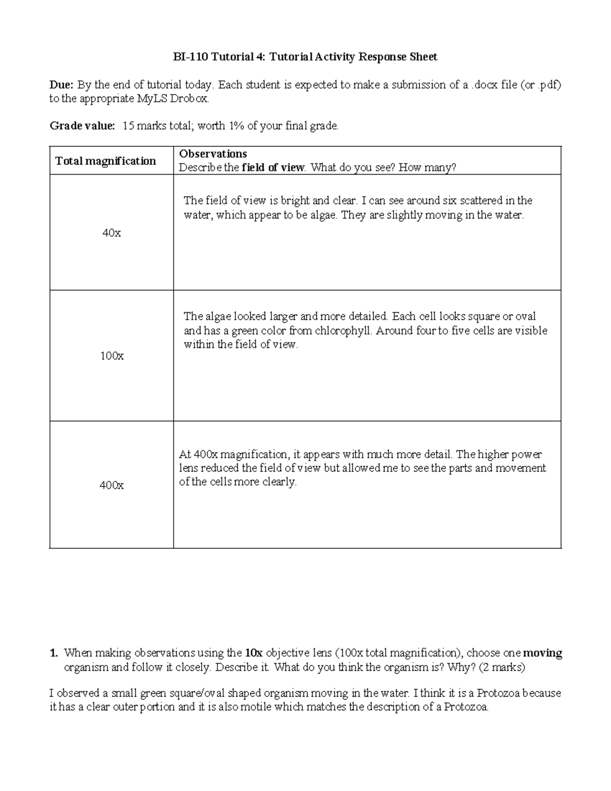 Tutorial 4: Activity Response Sheet on Microscopy Observations - Studocu