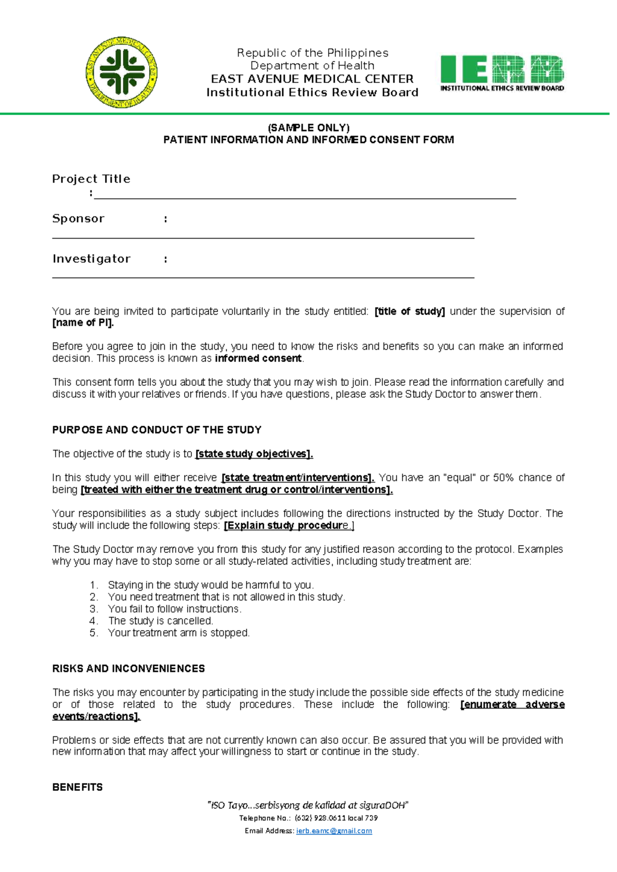 Informed Consent Form for Research Study (Sample) - Studocu