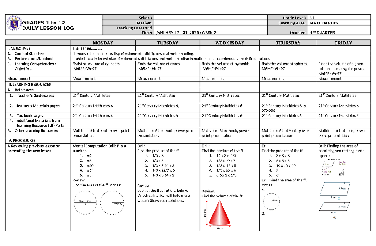 DLL Mathematics 6 Q4 W2 - lesson plan - GRADES 1 to 12 DAILY LESSON LOG ...