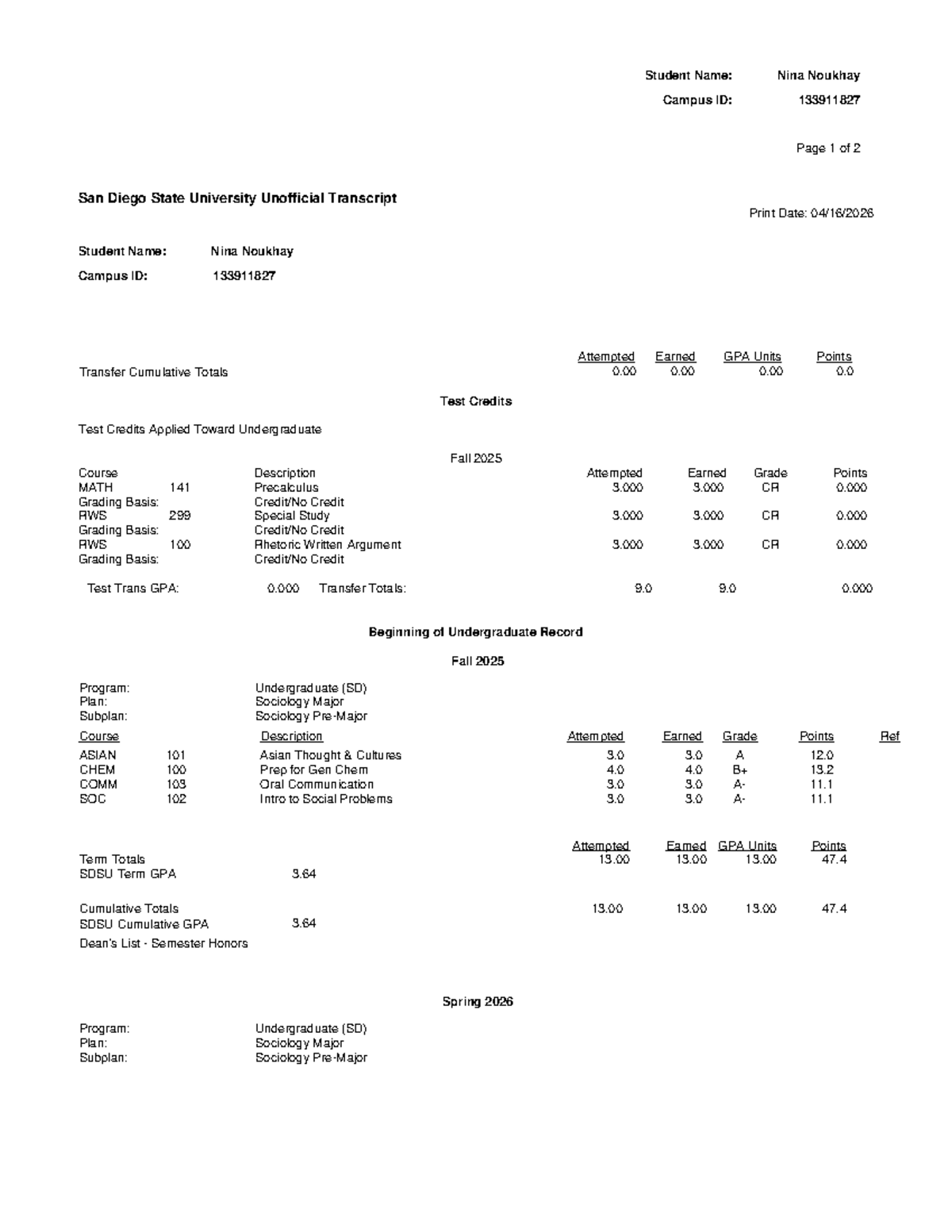 SDSU Unofficial Transcript - Nina Noukhay - Studocu